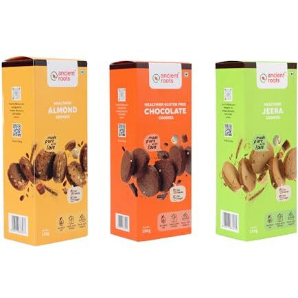 Ancient Roots Combo Of Almond, Chocolate & Jeera Cookies - 150G Of Each (Pack 3) / Delicious Biscuits (16-18 Pcs) / For Healthy Snacks/Breakfast / Best Paired With Tea & Coffee / 100% Butter & Jaggery Cookies