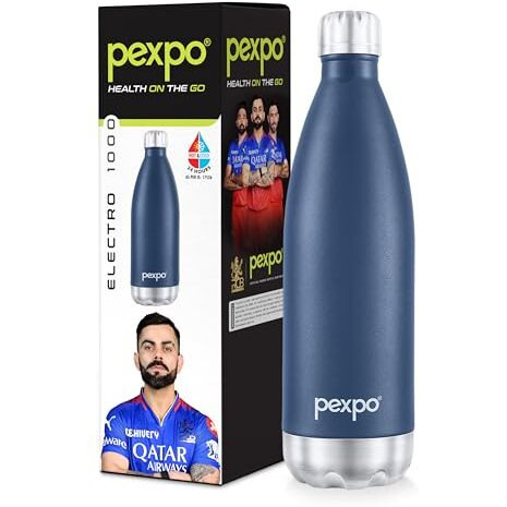 Pexpo Electro Pro 1000 Hot & Cold Isi Certified | Stainless Steel Water Bottle - 980Ml, Denim Blue | Thermoflask | Office Bottle | Workout | Travelling | Home | Rcb Edition
