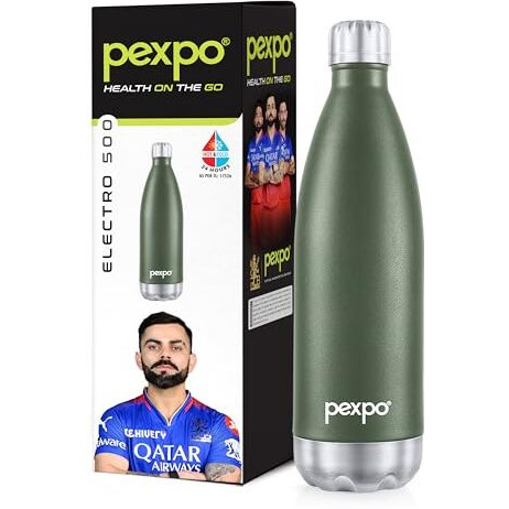 Pexpo Electro Pro Hot & Cold Isi Certified | Stainless Steel Water Bottle - 500Ml Military Green | Thermoflask | Office Bottle | Workout | Travelling | Home | Rcb Edition