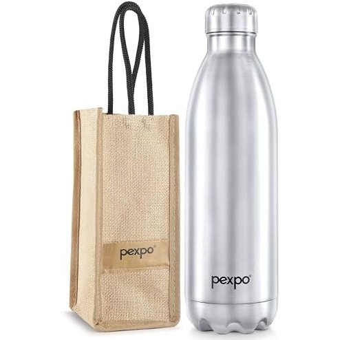 Pexpo Electro Pro Hot & Cold Isi Certified With Jute Bag | Stainless Steel Water Bottle - 2000Ml Silver | Thermoflask | Office Bottle | Workout | Travelling | Home
