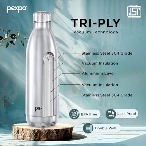 Pexpo Electro Pro Hot & Cold Isi Certified With Jute Bag | Stainless Steel Water Bottle - 2000Ml Silver | Thermoflask | Office Bottle | Workout | Travelling | Home