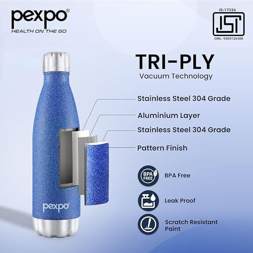 Pexpo Electro Hot & Cold Isi Certified Flask | Stainless Steel Water Bottle - 500Ml Blue | Thermoflask | Office Bottle | Workout | Travelling | Home | Adults & Kids