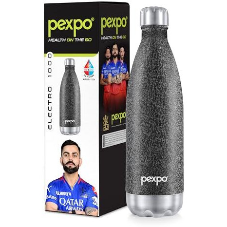 Pexpo Electro Pro 1000 Hot & Cold Isi Certified | Stainless Steel Water Bottle - 980Ml, Black | Thermoflask | Office Bottle | Workout | Travelling | Home | Rcb Edition
