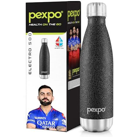 Pexpo Electro Pro Hot & Cold Isi Certified | Stainless Steel Water Bottle - 500Ml Black | Thermoflask | Office Bottle | Workout | Travelling | Home | Limited Rcb Edition