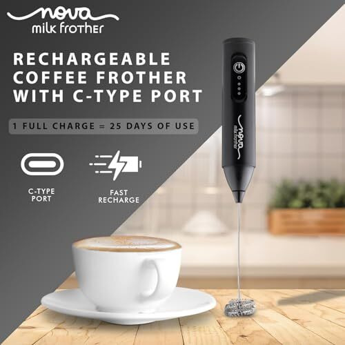 Nova Rechargeable Milk Frother & Coffee Whisker With Dual Spring Tech | 1 Year Replacement Warranty | Free Coffee Frothing Recipe Book