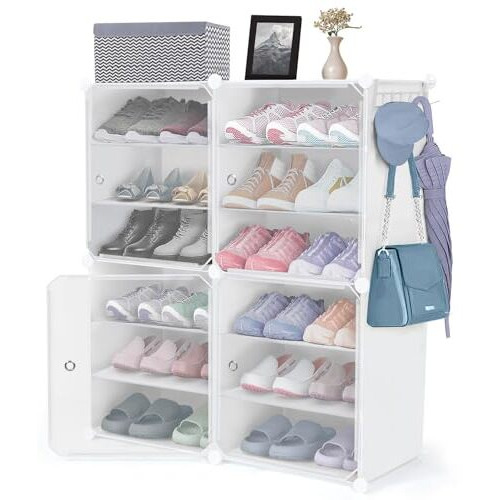 About Space Shoe Rack For Home With Door - 24 Pair Diy Slipper Stand With Hanger, 4 Cube Expandable Shelves Closed Shoes Rack For Home Men, Women Heels Boots Flip-Flops (White-L 80 X B 30 X H 90 Cm)