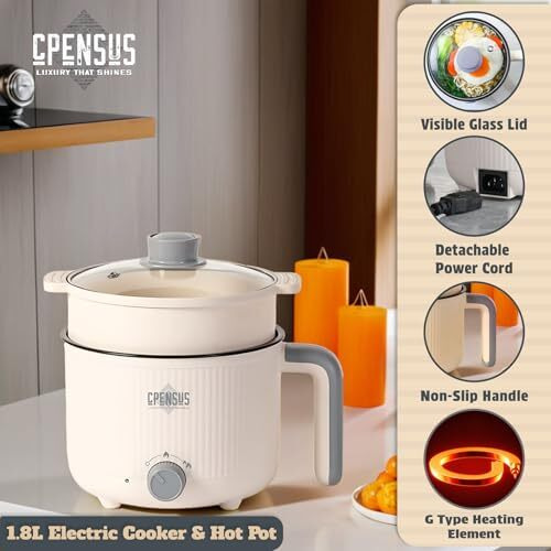 Cpensus Mini Multipurpose Electric Kettle With Steamer 1.2L Inner Pot Non-Stick Hotpot Cooker For Cooking Hot Water Rice Idli Momos Tea 600W Portable Travel