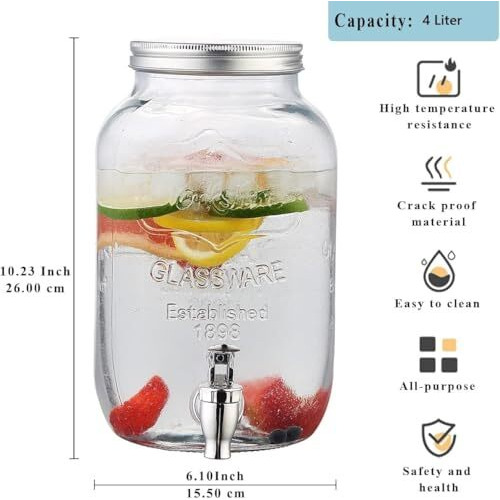 Evatta 4 Litre Glass Juice Dispenser - Water Pitcher For Detox Water - Mason Jar - Counter Table Top Infused Water & Beer Dispenser - Airtight Lid Pitcher For Home & Kitchen Glassware, Restaurant