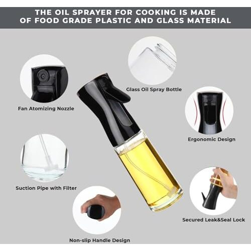 Panca Glass Oil Spray Dispenser Cooking 200Ml Olive Oil Spray Bottle Refillable Food Grade Oil Vinegar Spritzer Sprinkler Sprayer Mister Used For Air Fryer, Salad Making, Frying, Bbq (Set Of 1, Glass)