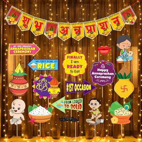 Zyozique  Annaprasanam Photo Booth Props With Annaprasanam Paper Bunting Paper Banner Hindi Font Shubh Annaprashan | Rice Ceremony Decorations Items (Pack Of 18)