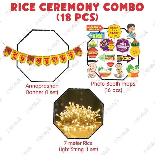 Zyozique  Annaprasanam Photo Booth Props With Annaprasanam Paper Bunting Paper Banner Hindi Font Shubh Annaprashan | Rice Ceremony Decorations Items (Pack Of 18)
