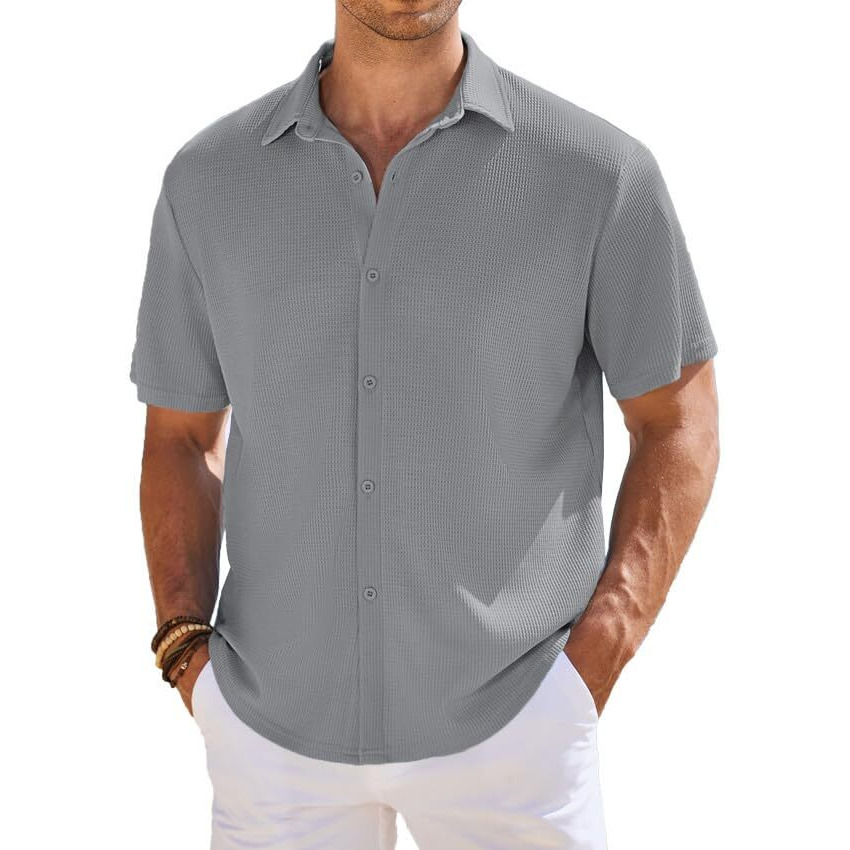 Cb-Colebrook Men's Waffle Knit Textured Button-Down Wrinkle Free Casual Shirts, Short Sleeves, Summer Beach Tops (In, Alpha, 2Xl, Plus, Light Grey)