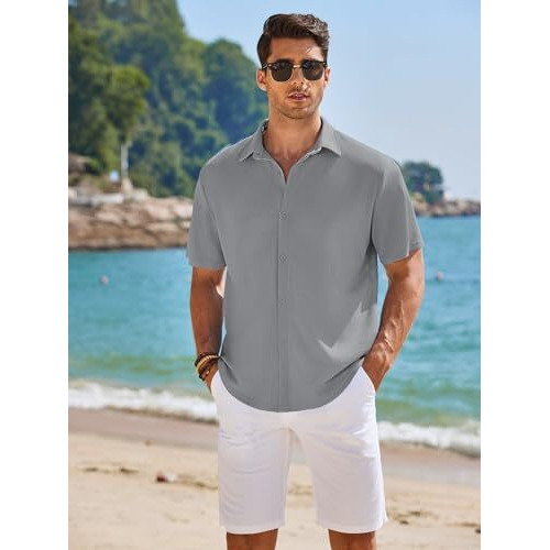 Cb-Colebrook Men's Waffle Knit Textured Button-Down Wrinkle Free Casual Shirts, Short Sleeves, Summer Beach Tops (In, Alpha, 2Xl, Plus, Light Grey)