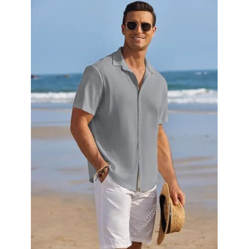 Cb-Colebrook Men's Waffle Knit Textured Button-Down Wrinkle Free Casual Shirts, Short Sleeves, Summer Beach Tops (In, Alpha, 2Xl, Plus, Light Grey)
