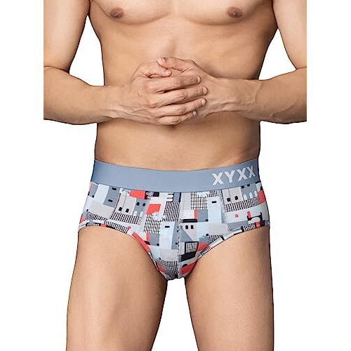 Xyxx Men's Modal Printed (Pack Of 3) R63_Brief_01_2_3_Map Grey+Street Skyline Blue_M