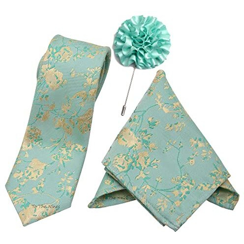 Vibhavari Men's Micro Polyester Paisley Necktie Set With Pocket Square And Lapel Pin (Green, Free Size)