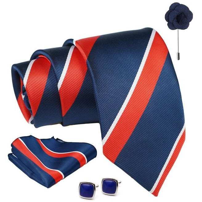Axlon Navy Blue Stripped Tie For Men  Formal Ties Set With Pocket Square & Tie Pin Clip For Mens, Silk Neckties Gift Sets For MenS (Ax24_31)