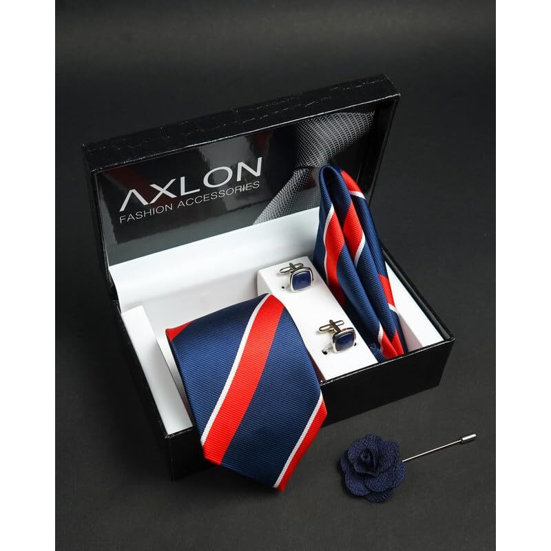 Axlon Navy Blue Stripped Tie For Men  Formal Ties Set With Pocket Square & Tie Pin Clip For Mens, Silk Neckties Gift Sets For MenS (Ax24_31)