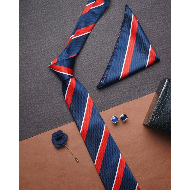 Axlon Navy Blue Stripped Tie For Men  Formal Ties Set With Pocket Square & Tie Pin Clip For Mens, Silk Neckties Gift Sets For MenS (Ax24_31)