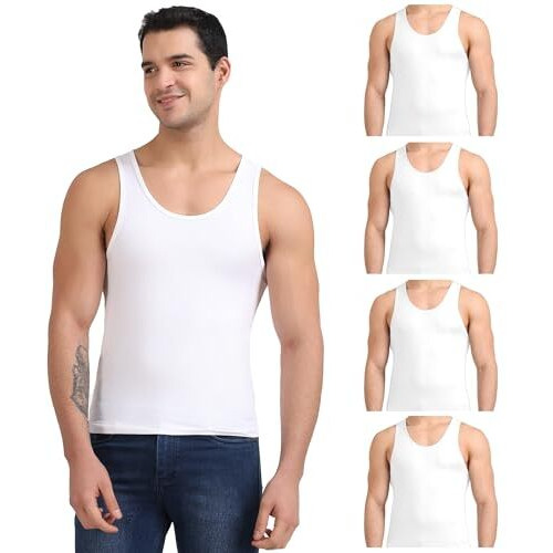 Freecultr Cotton Vest For Men Sleeveless Lightweight Solid Round Neck Comfort Vests Breathable & Comfortable Innerwear Sando For Man Regular Fit - M Pack Of 5-White,White,White,White,White