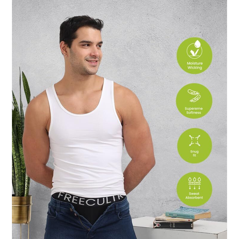 Freecultr Cotton Vest For Men Sleeveless Lightweight Solid Round Neck Comfort Vests Breathable & Comfortable Innerwear Sando For Man Regular Fit - M Pack Of 5-White,White,White,White,White