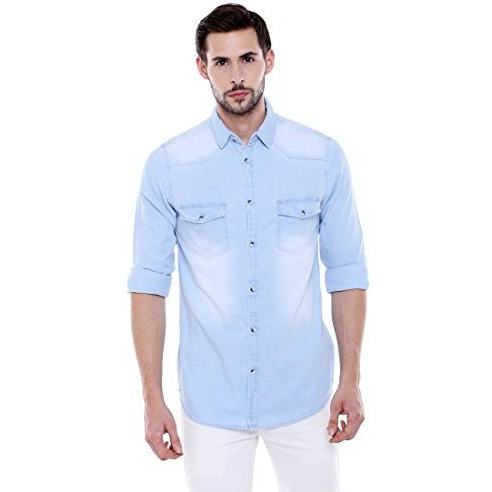 Dennis Lingo Men's Cotton Full Sleeves Washed Denim Casual Shirt With Flap Pockets (Light Blue, S)