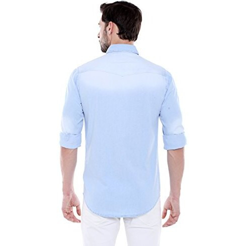 Dennis Lingo Men's Cotton Full Sleeves Washed Denim Casual Shirt With Flap Pockets (Light Blue, S)