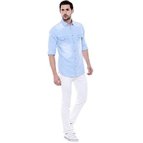 Dennis Lingo Men's Cotton Full Sleeves Washed Denim Casual Shirt With Flap Pockets (Light Blue, S)
