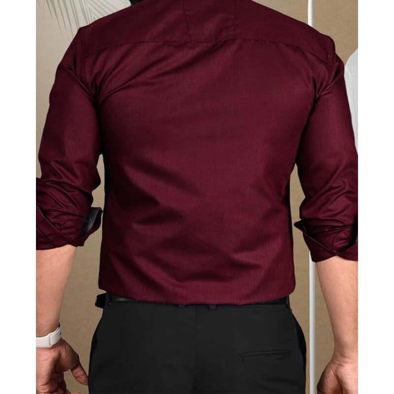 Pinkmint Men Cotton Soild Spread Collar Long Sleeve Shirt Formal Wear Maroon
