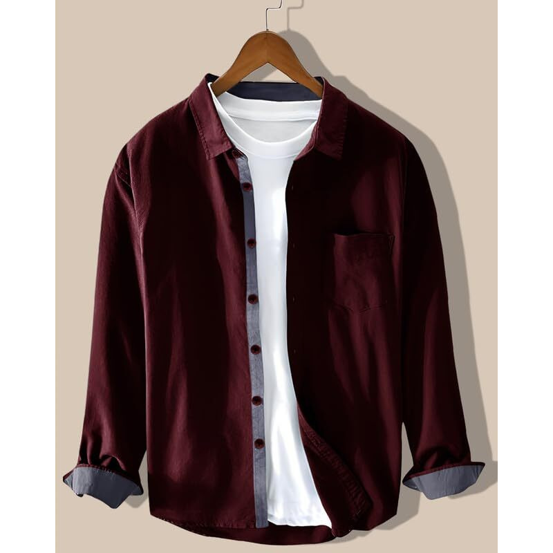 Pinkmint Men Cotton Soild Spread Collar Long Sleeve Shirt Formal Wear Maroon