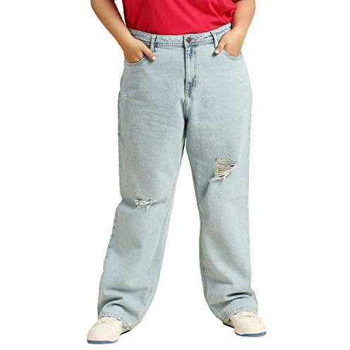 High Star Women's Wide Leg Stretchable Mid Rise Jeans (Hswjns23011P_42_Blue