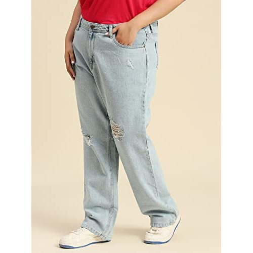 High Star Women's Wide Leg Stretchable Mid Rise Jeans (Hswjns23011P_42_Blue
