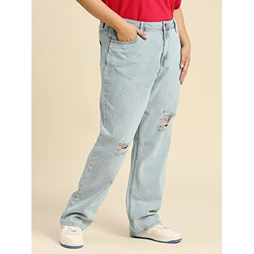 High Star Women's Wide Leg Stretchable Mid Rise Jeans (Hswjns23011P_42_Blue