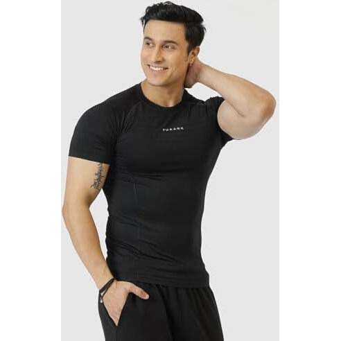Fuaark Nylon Seamless Compression Half Sleeves Dry Fit T-Shirts For High Performance In Gym & Workout (Black, S)