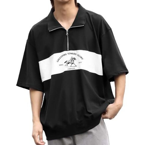 Jc Jump Cuts Jump Cuts Mens Printed Half Zipper Polo Neck 3/4Th Sleeve Black And White Cotton Blend Regular Fit T-Shirt, Xl