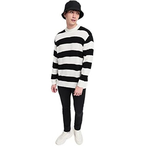Bewakoof Men's Striped Black Mock Neck Full Sleeve Oversized Sweater
