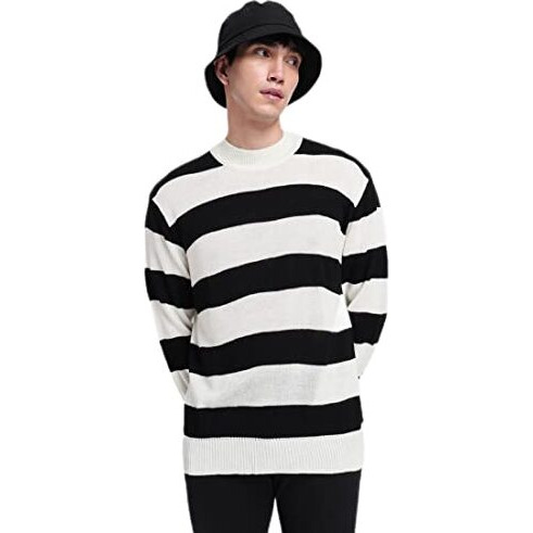 Bewakoof Men's Striped Black Mock Neck Full Sleeve Oversized Sweater
