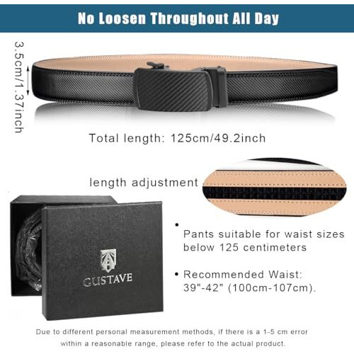 Gustave Belts For Men Black Slim Leather Belt For Men Fashion Texture Slide Waist Belt Automatic Buckle Belt For Formal Or Casual - 130Cm Length, Free Adjustable, No Belt Hole