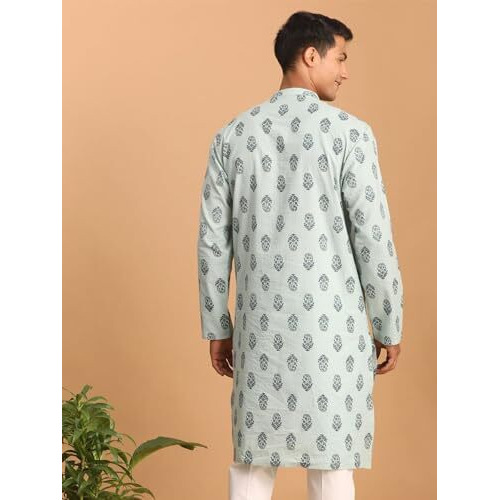 Shvaas By Vastramay Men's Aqua Cotton Knee Length Kurta - M_Vshvmk195_38