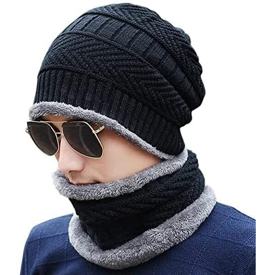 Tradehub Unisex Winter Knit Neck Scarf And Warm Beanie Cap Hat Combo (Black)