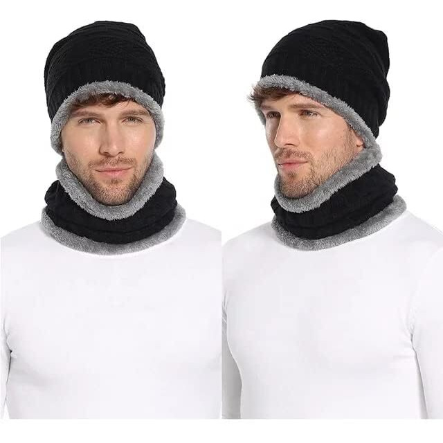 Tradehub Unisex Winter Knit Neck Scarf And Warm Beanie Cap Hat Combo (Black)