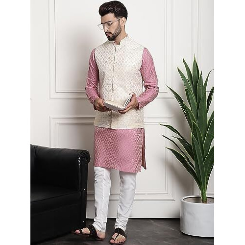 Sojanya (Since 1958 Men's Ethnic Motifs Woven Design Silk Blend Kurta & Churidar With Cream Nehru Jacket Size-38
