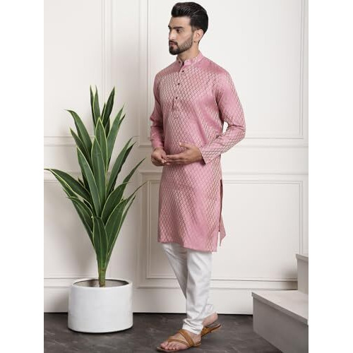 Sojanya (Since 1958 Men's Ethnic Motifs Woven Design Silk Blend Kurta & Churidar With Cream Nehru Jacket Size-38