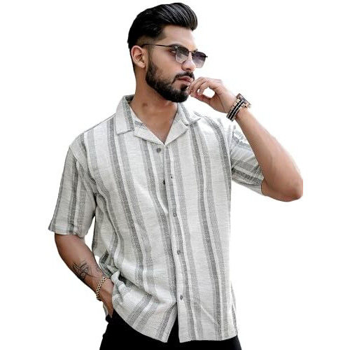 Maniac Mens Stripes Half Sleeve Half White Green Shirt
