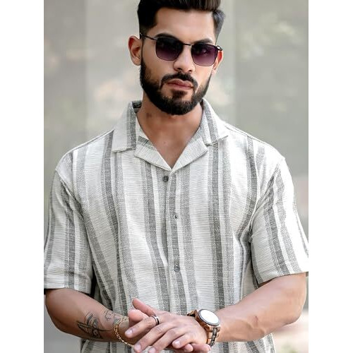 Maniac Mens Stripes Half Sleeve Half White Green Shirt