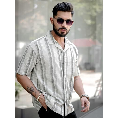 Maniac Mens Stripes Half Sleeve Half White Green Shirt