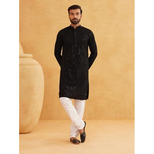 Sojanya (Since 1958 Men's Pure Cotton Black Embroidered Sequined Kurta And White Pyjama Set
