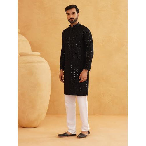 Sojanya (Since 1958 Men's Pure Cotton Black Embroidered Sequined Kurta And White Pyjama Set