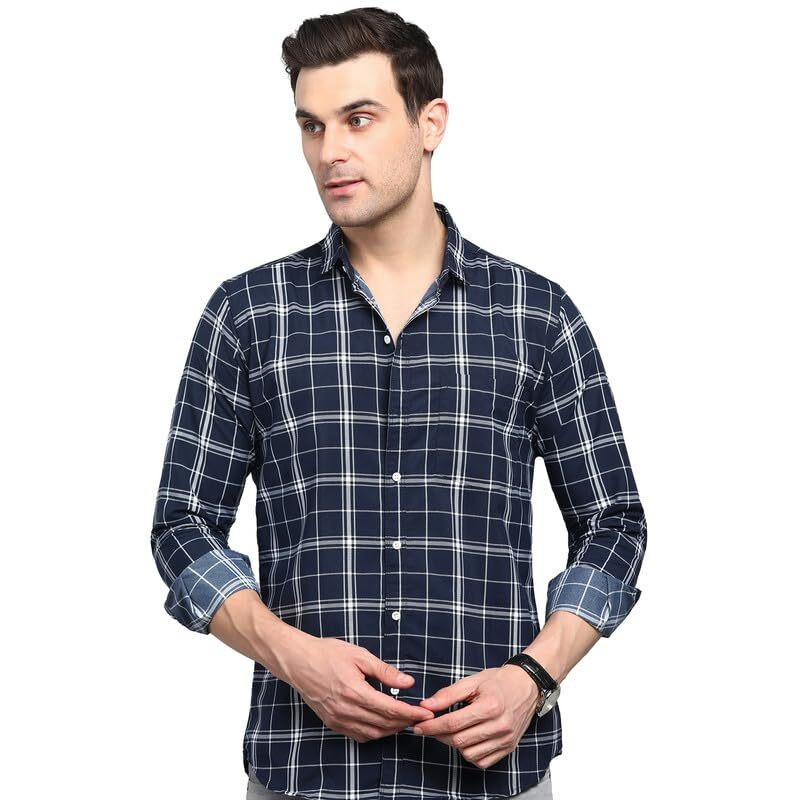 Men's Cotton Casual Printed Checkered Stylish Latest Shirt For Men (Darkblue X-Large)