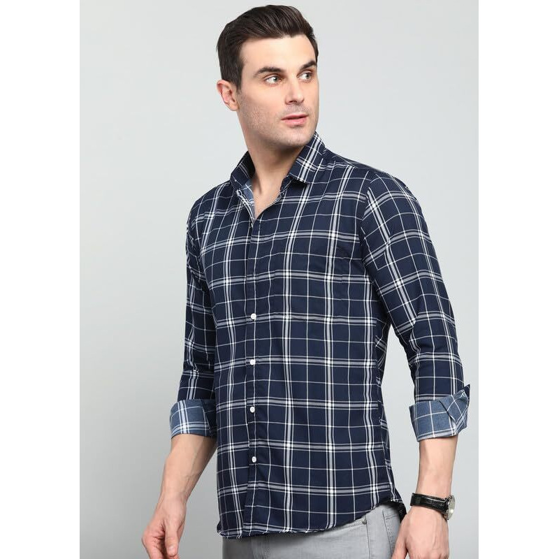 Men's Cotton Casual Printed Checkered Stylish Latest Shirt For Men (Darkblue X-Large)